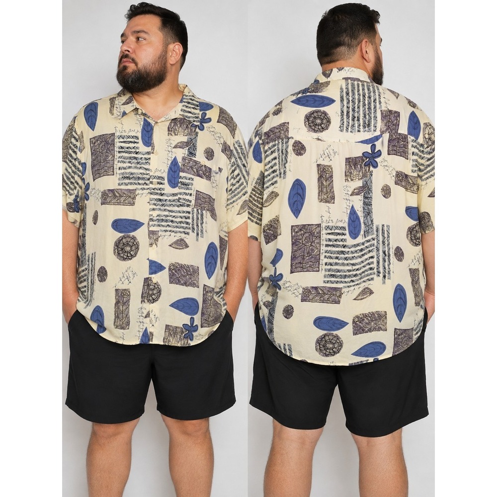 Vintage R&R Casuals 100% Silk Camp Shirt XXL Blue Abstract Print Button Up